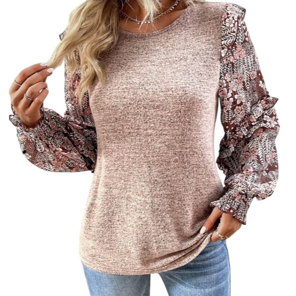 The Nines Blouse Size Large Take It Over Chestnut Floral Sleeve Beige Multi NEW